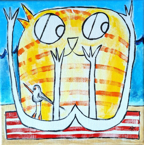 Cat bird painting original - cat,