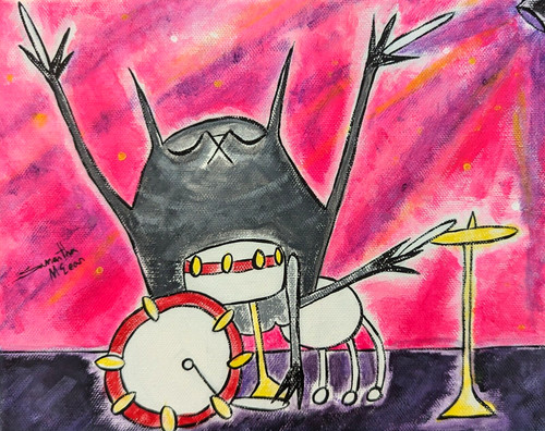 Black cat painting music drum - black,
